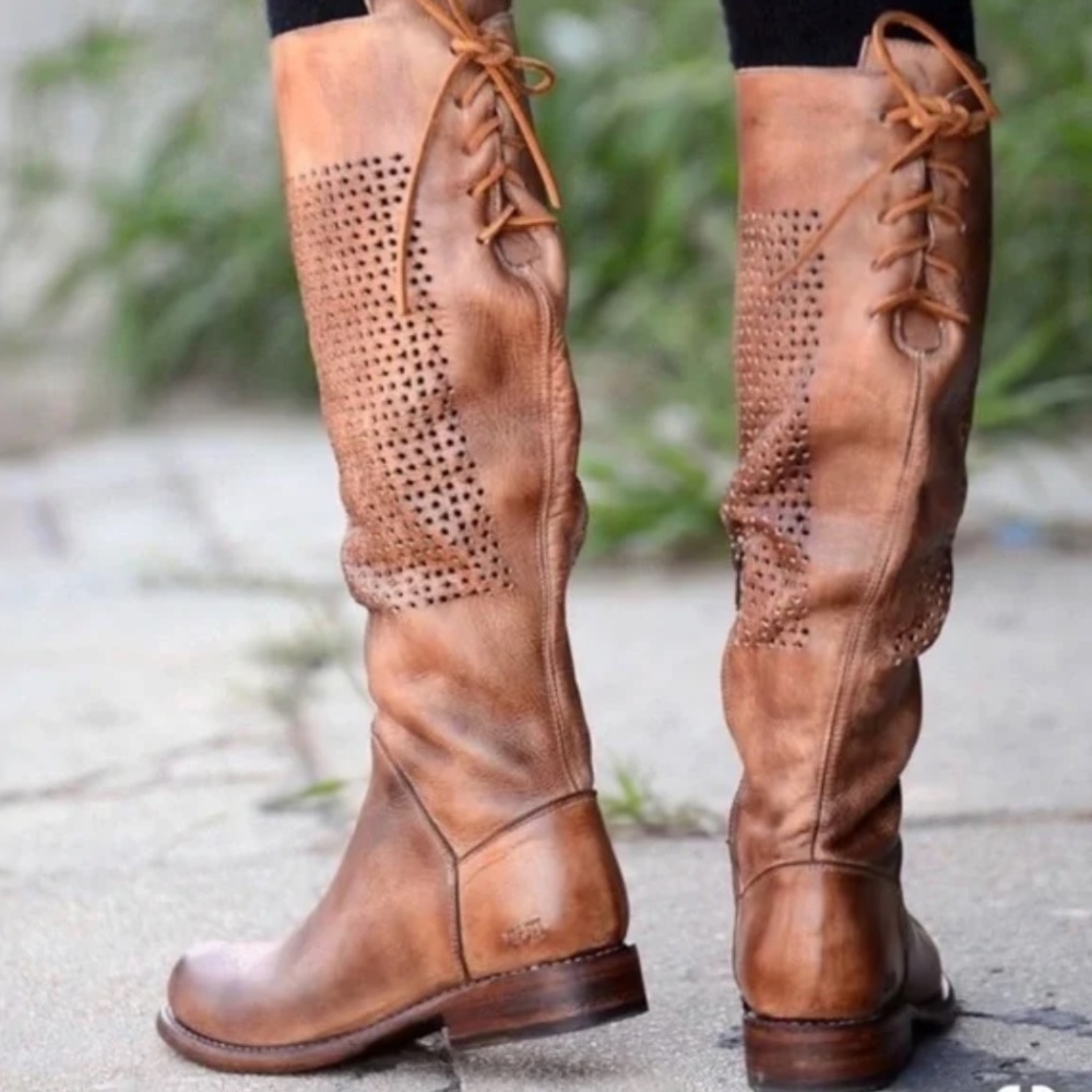 Women’s Bed Stu Cambridge Knee High Riding Boots Lace Up Leather Perforated 9